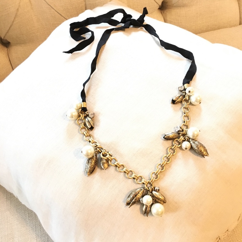 J.Crew Pearl & Leaf Ribbon Necklace
